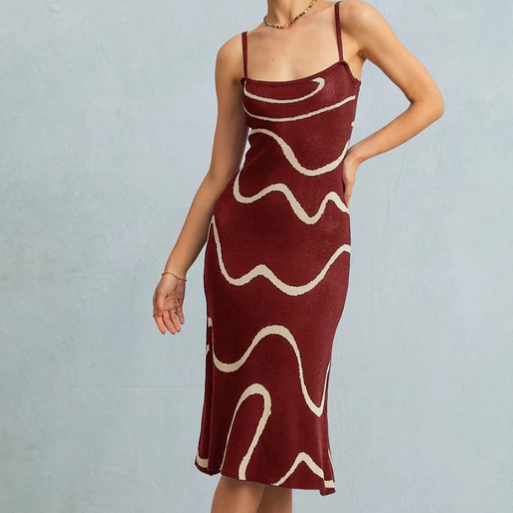 Rihaos Wine Red Mermaid Knit MIDI Dress